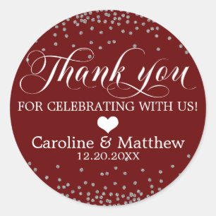 Wedding Burgundy Sprinkle Sparkle Silver THANK YOU Classic Round Sticker