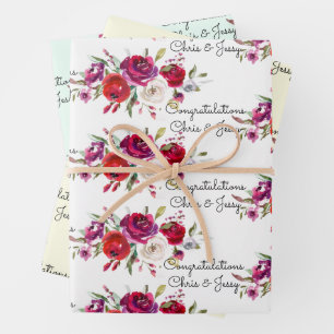 Wedding Burgundy Watercolor Roses Add Names 3 Gift Wrapping Paper Sheet