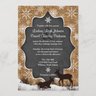 Wedding Burlap Deer Snowflakes Chalkboard Invitation