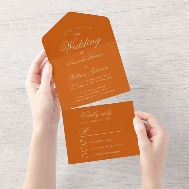Wedding Burnt Orange Elegant Calligraphy RSVP  All In One Invitation (Tearaway)