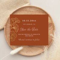 Wedding burnt orange ginkgo budget save the date