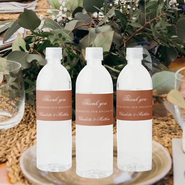 Wedding burnt orange terracotta script thank you water bottle label (Creator Uploaded)