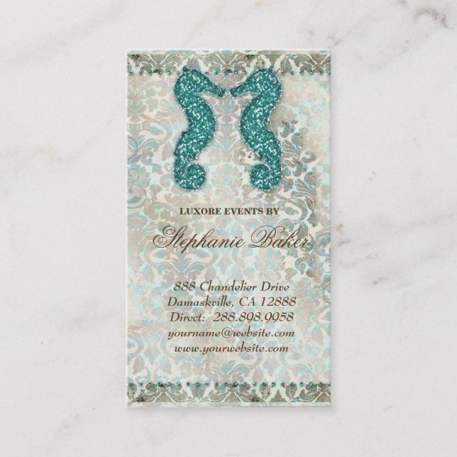 Wedding Business Card Beach Seahorse Vintage (Front)