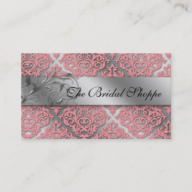 Wedding Business Card Damask Floral Baby Pink (Front)