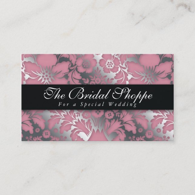 Wedding Business Card Damask Floral Silver Pink (Front)