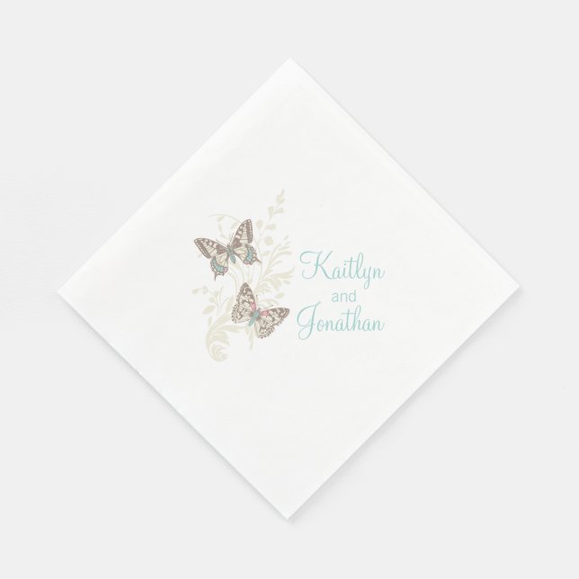Wedding butterflies art teal white dinner napkins (Corner)