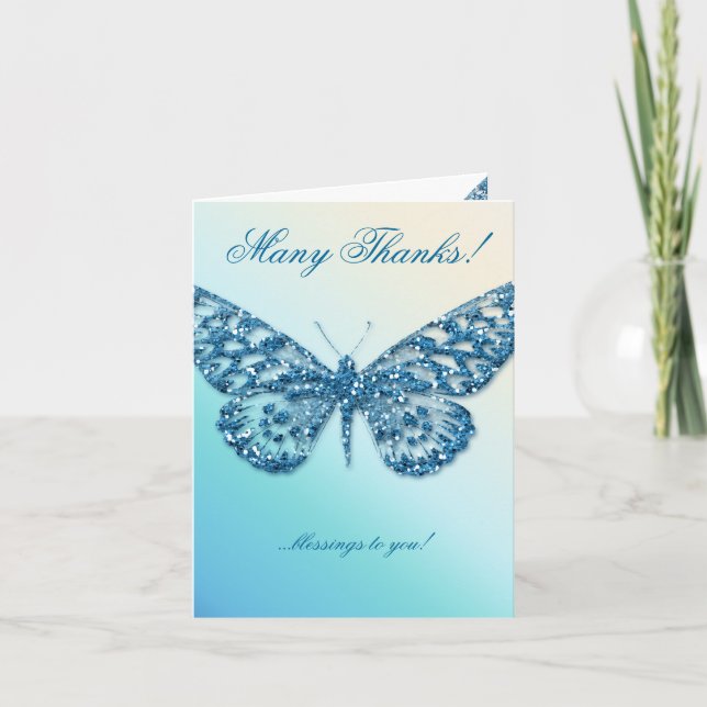 Wedding Butterfly Thank You Card Blue Glitter (Front)