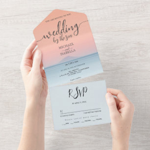 Wedding by the sea under peachy sky sunset all in one invitation