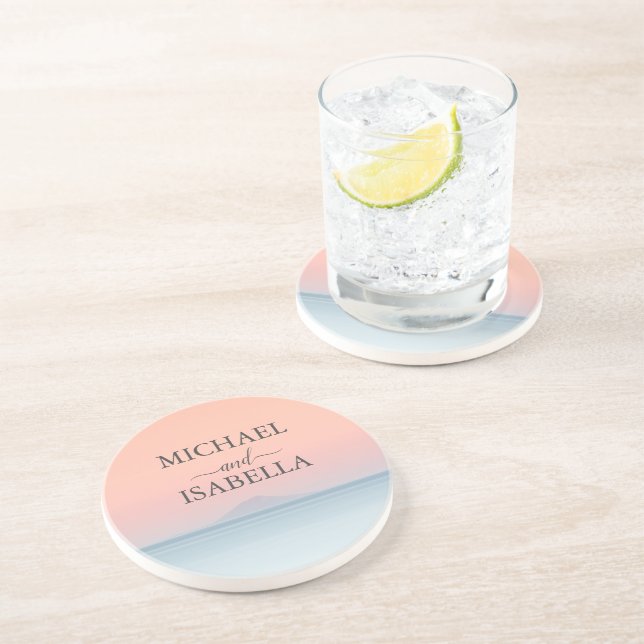 Wedding by the sea under peachy sky sunset coaster (Side)