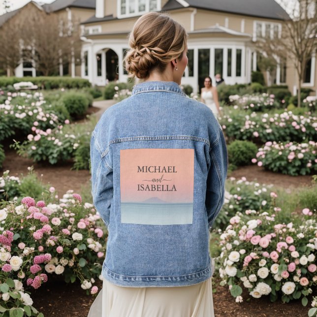 Wedding by the sea under peachy sky sunset denim jacket (Wedding Back)