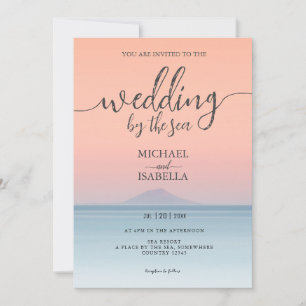 Wedding by the sea under peachy sky sunset invitation