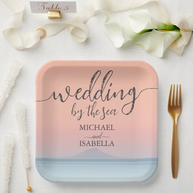 Wedding by the sea under peachy sky sunset paper plate (Wedding)