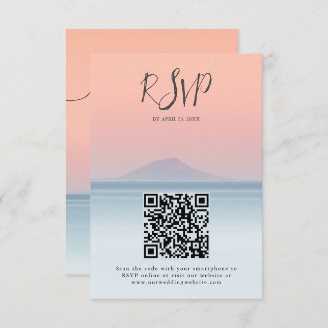 Wedding by the sea under peachy sky sunset RSVP card (Front/Back)