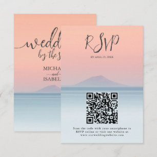 Wedding by the sea under peachy sky sunset RSVP card