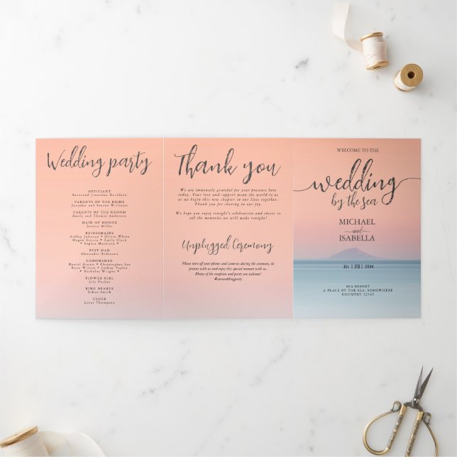 Wedding by the sea under peachy sky sunset Tri-Fold programme (Outside)