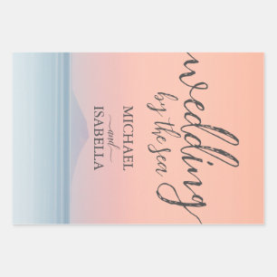 Wedding by the sea under peachy sky sunset wrapping paper sheet
