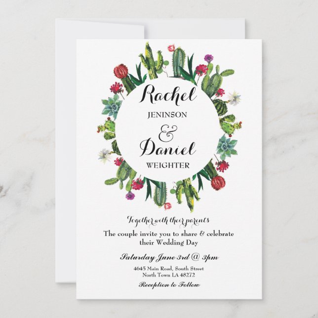Wedding Cactus Floral Fiesta Wreath Party Invite (Front)
