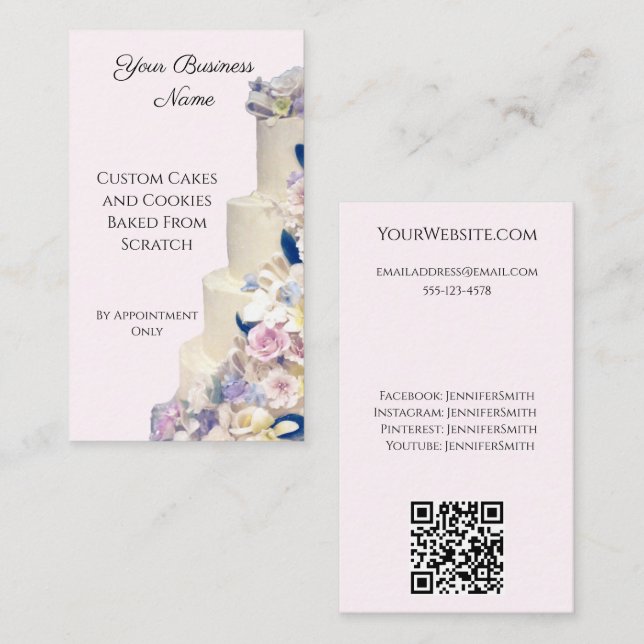 Wedding Cake Bakery Elegant Pink Custom QR Code Business Card (Front/Back)