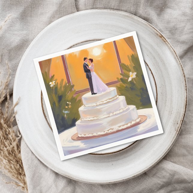 Wedding Cake Bride & Groom Brunette Watercolor Napkin (Creator Uploaded)