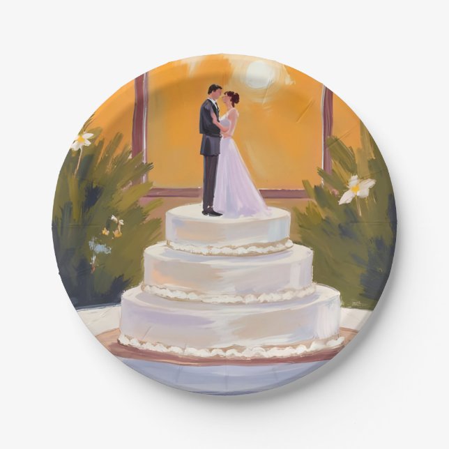 Wedding Cake Bride & Groom Brunette Watercolor Paper Plate (Front)