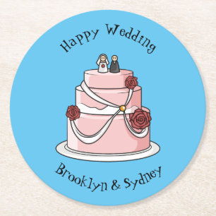 Wedding cake cartoon illustration round paper coaster