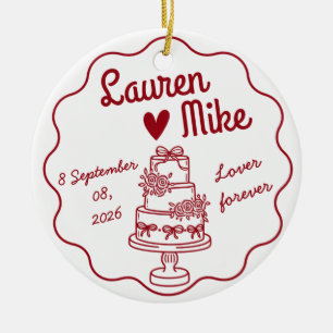 Wedding Cake Couple Names & Date Ceramic Tree Decoration