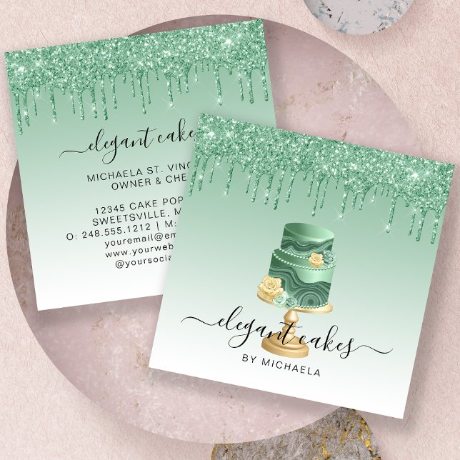 Wedding Cake Glitter Drip Mint Green Bakery Square Business Card (Creator Uploaded)