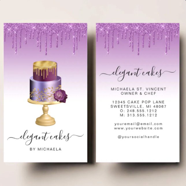 Wedding Cake Glitter Drip Purple Bakery Business Card (Creator Uploaded)