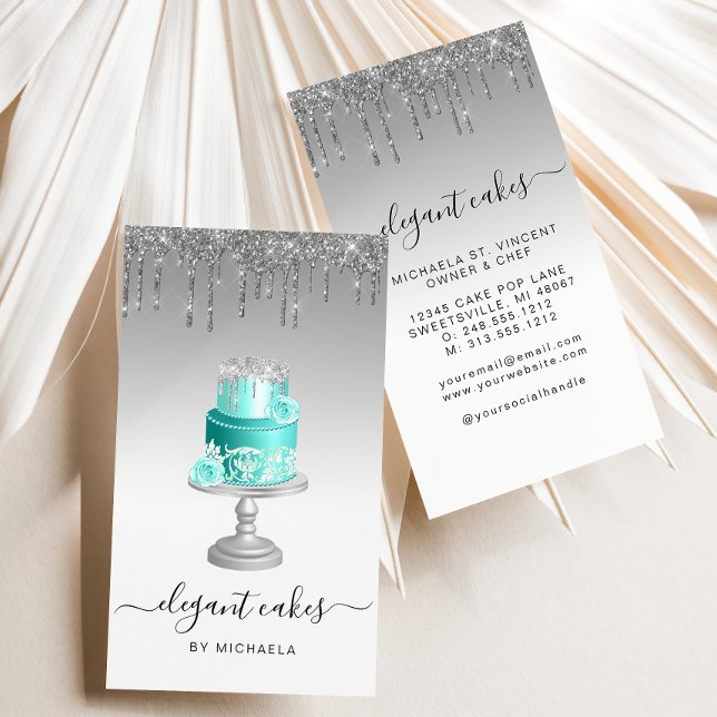 Wedding Cake Glitter Drip Silver Turquoise Bakery Business Card (Creator Uploaded)