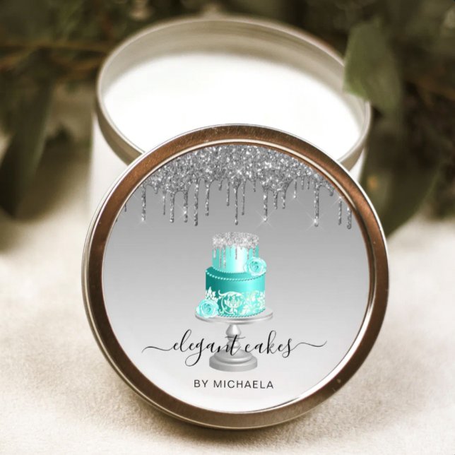 Wedding Cake Glitter Drip Silver Turquoise Bakery Classic Round Sticker (Creator Uploaded)