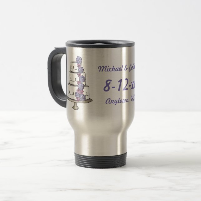 Wedding Cake Purple Roses Personalised Bride Groom Travel Mug (Front Left)