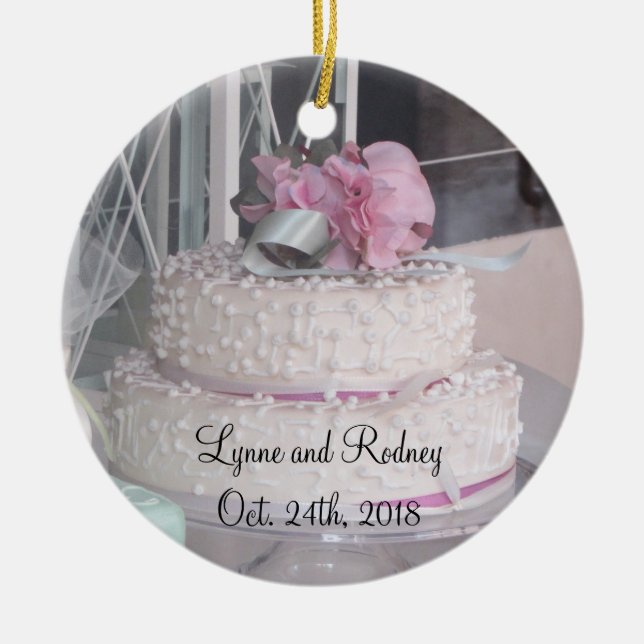 Wedding Cake Save the Date Ceramic Tree Decoration (Front)