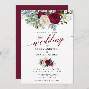 Wedding Calligraphy Burgundy Floral Greenery Invitation