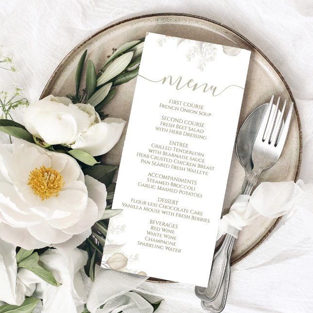 Wedding Calligraphy Dinner Menu Sage Green (Wedding menu card with a sage green floral design.)