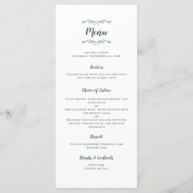 Wedding Calligraphy Emerald Green Dinner Party Menu (Front)