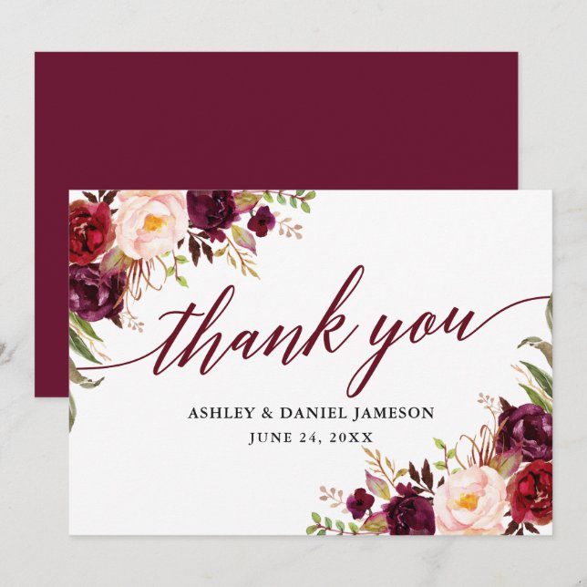 Wedding Calligraphy Floral Burgundy Thank You Card (Front/Back)