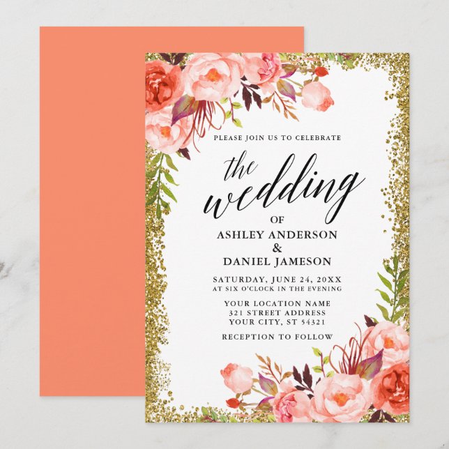 Wedding Calligraphy Gold Glitter Coral Floral Invitation (Front/Back)