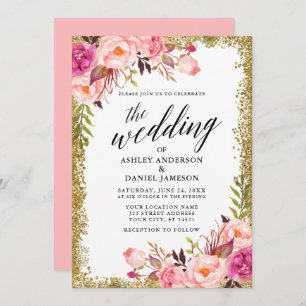 Wedding Calligraphy Gold Glitter Pink Floral Invitation