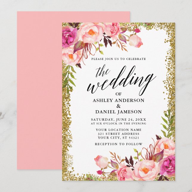 Wedding Calligraphy Gold Glitter Pink Floral Invitation (Front/Back)