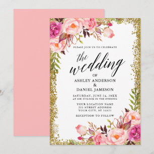Wedding Calligraphy Gold Glitter Pink Floral Invitation