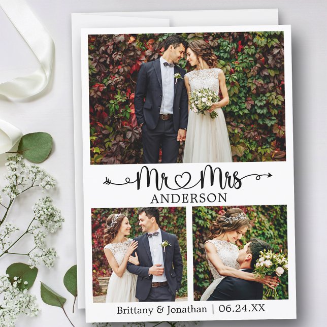 Wedding Calligraphy Heart  3 Photo Mr. and Mrs. Thank You Card (Customize to change your personalized text size or text style.)