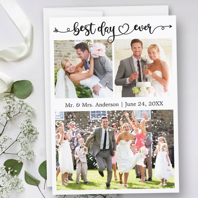 Wedding Calligraphy Heart Best Day Ever 3 Photo Thank You Card (Customize to change your personalized text size or text style.)
