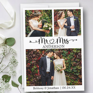 Wedding Calligraphy Heart Mr. and Mrs. 3 Photo Thank You Card