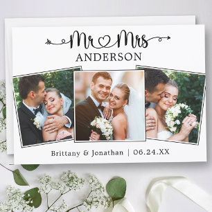 Wedding Calligraphy Heart Mr. and Mrs. 3 Photos Thank You Card
