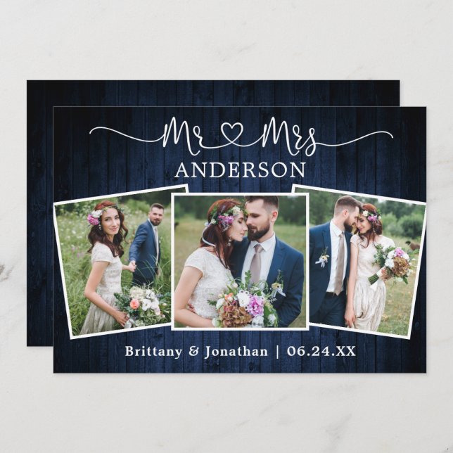 Wedding Calligraphy Heart Mr. Mrs. 3 Photo Wood Thank You Card (Front/Back)