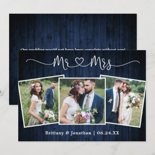 Wedding Calligraphy Heart Mr. Mrs. Wood 3 Photo Thank You Card