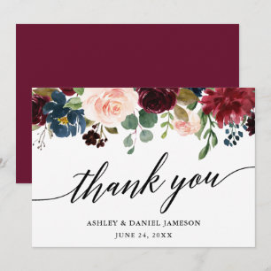 Wedding Calligraphy l Burgundy Blue Floral Thank You Card