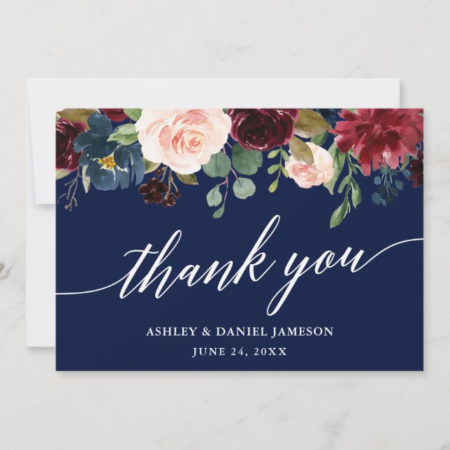 Wedding Calligraphy l Burgundy Floral Blue Thank You Card (Front)