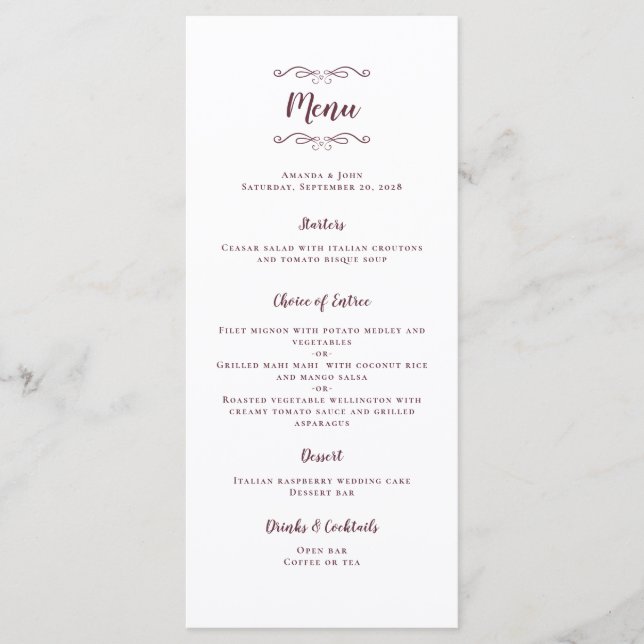Wedding Calligraphy Modern Burgundy Dinner Party Menu (Front)