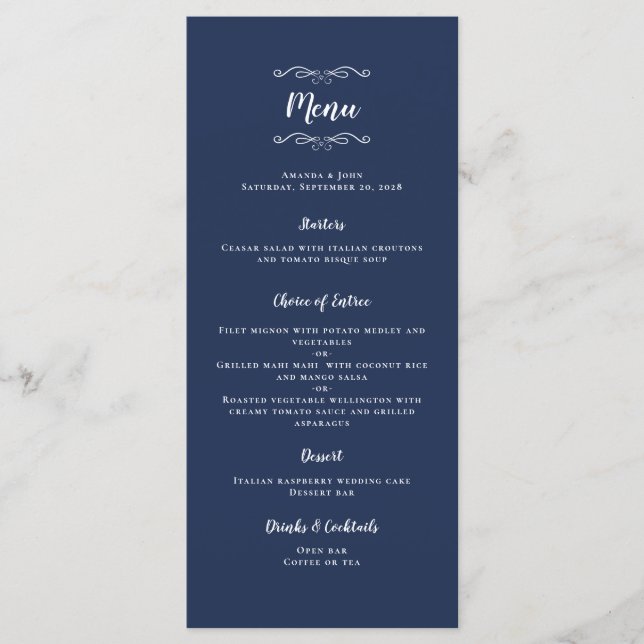 Wedding Calligraphy Modern Elegant Chic Navy Blue  Menu (Front)